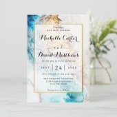 Luxury Blue en Gold Marble Wedding Invitation Kaart (Staand voorkant)