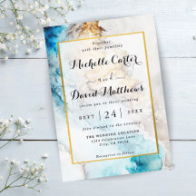 Luxury Blue en Gold Marble Wedding Invitation