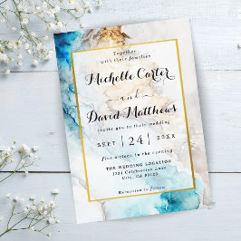 Luxury Blue en Gold Marble Wedding Invitation Kaart