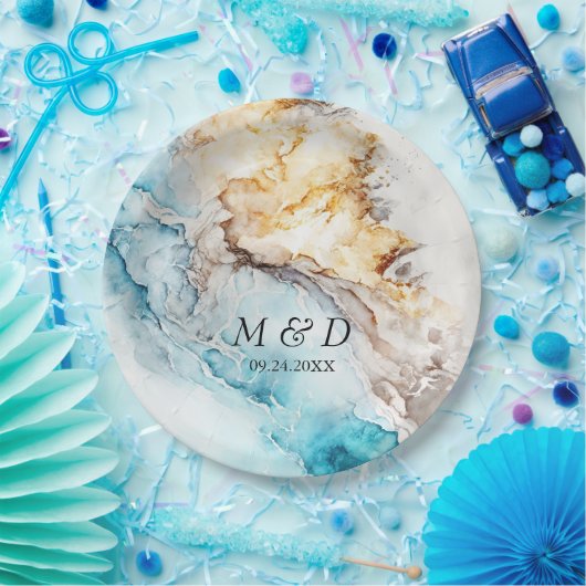 Luxury Blue en Gold Marble Wedding Papieren Bordje (Feest)