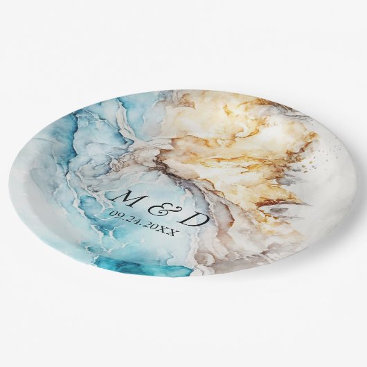 Luxury Blue en Gold Marble Wedding Papieren Bordje (Gekanteld)