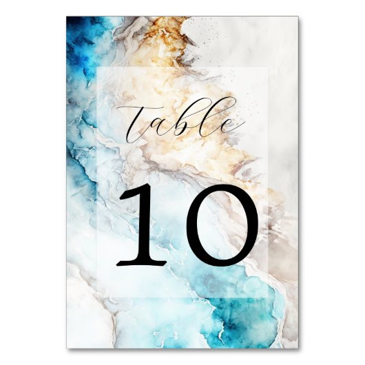 Luxury Blue en Gold Marble Wedtable Number Kaart (Voorkant)