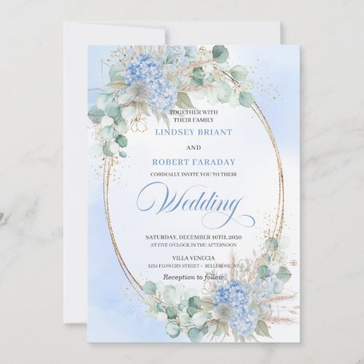 Luxury Blue Floral Wheat Gold Oval Wedding Invites Kaart (Voorkant)