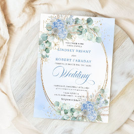 Luxury Blue Floral Wheat Gold Oval Wedding Invites Kaart