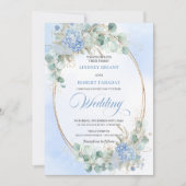 Luxury Blue Floral Wheat Gold Wedding Invitation Kaart (Voorkant)