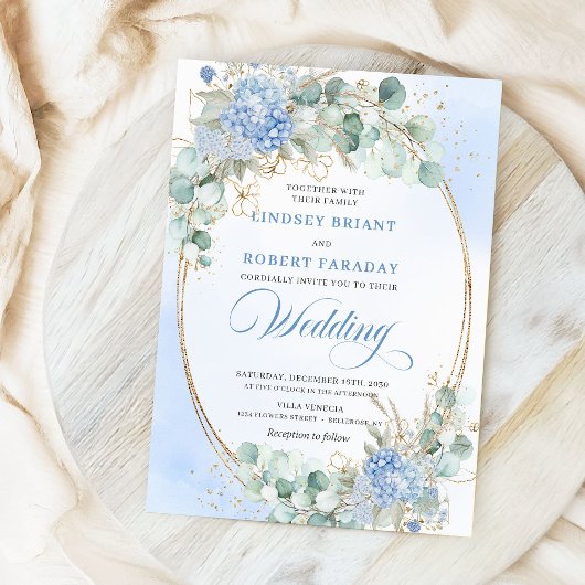 Luxury Blue Floral Wheat Gold Wedding Invitation Kaart