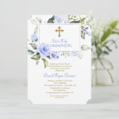 Luxury Blue Flowers Gold First Heilige Communie Kaart (Staand voorkant)