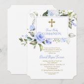 Luxury Blue Flowers Gold First Heilige Communie Kaart (Voorkant / Achterkant)
