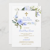 Luxury Blue Flowers Gold First Heilige Communie Kaart (Voorkant / Achterkant)