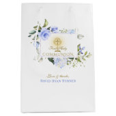 Luxury Blue Flowers Gold First Heilige Communie Medium Cadeauzakje (Voorkant)