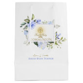 Luxury Blue Flowers Gold First Heilige Communie Medium Cadeauzakje (Achterkant)
