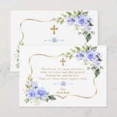 Luxury Blue Flowers Gold Lijst Boy Baptisme Bedankkaart (Voorkant / Achterkant)