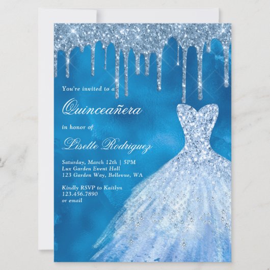 Luxury Blue Glitter-schijven Quinceanera Kaart (Voorkant)