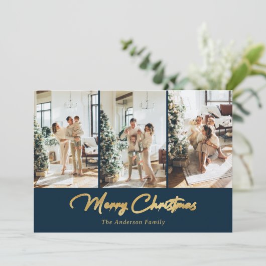 Luxury Blue Gold Foil Foto Merry kerst Feestdagenkaart (Staand voorkant)