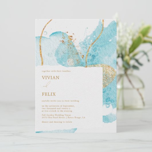 Luxury Blue & Golden Waterverf Abstract bruiloft Kaart (Staand voorkant)