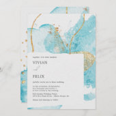 Luxury Blue & Golden Waterverf Abstract bruiloft Kaart (Voorkant / Achterkant)