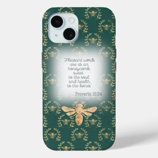 Luxury Blue Green Gold Bee Wreath Grid Christian Case-Mate iPhone Case (Achterkant)