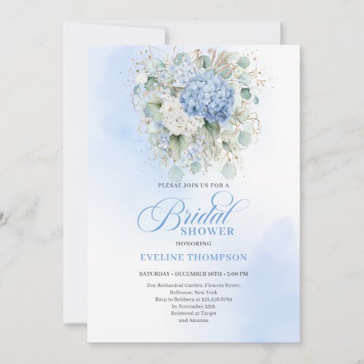 Luxury Blue Hydrangea Bridal Shower Gold Invitatio Kaart (Voorkant)