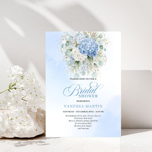 Luxury Blue Hydrangea Bridal Shower Gold Invitatio Kaart