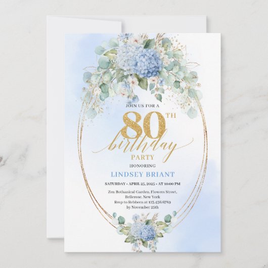 Luxury Blue Hydrangea Floral 80th Birthday Invite Kaart (Voorkant)