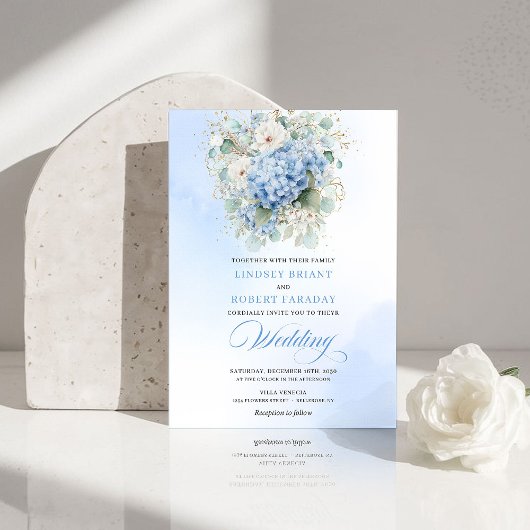 Luxury Blue Hydrangea Floral Gold Wedding Invite Kaart