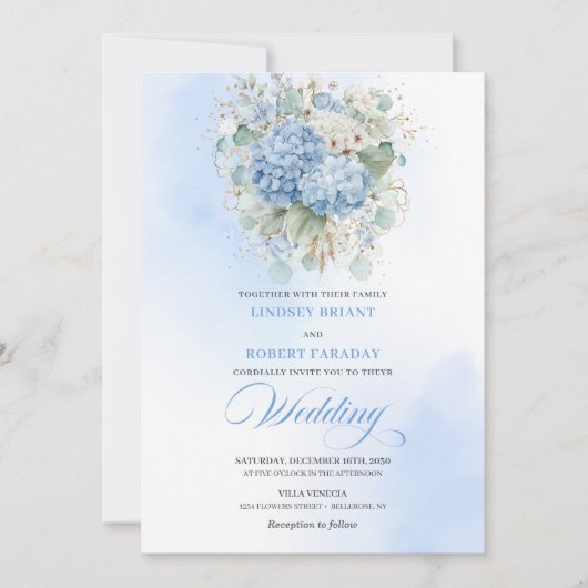 Luxury Blue Hydrangea Gold Wedding Invitation Kaart (Voorkant)