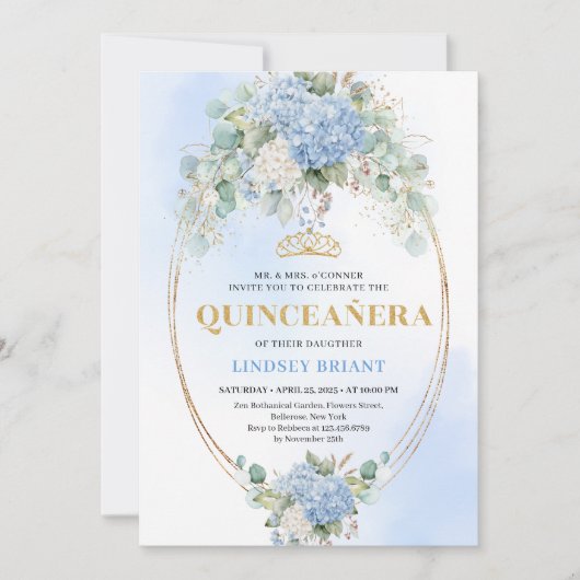 Luxury Blue Hydrangeas Gold 15th Birthday Invite Kaart (Voorkant)