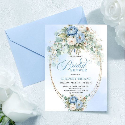 Luxury Blue Peonies Eucalyptus Gold Bridal Shower Kaart