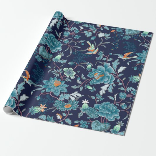 Luxury Blue Peony en Birds Romantic Cadeaupapier (Uitgerold)