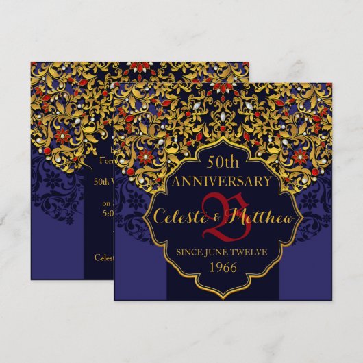 Luxury Blue Red Gold 50th Jubileum Invite Kaart (Voorkant / Achterkant)
