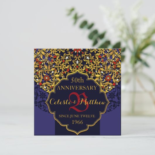 Luxury Blue Red Gold 50th Jubileum Invite Kaart (Staand voorkant)