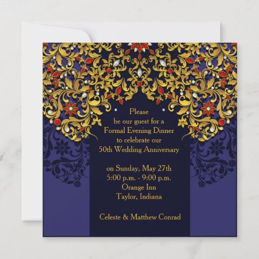Luxury Blue Red Gold 50th Jubileum Invite Kaart (Achterkant)