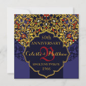 Luxury Blue Red Gold 50th Jubileum Invite Kaart (Voorkant)