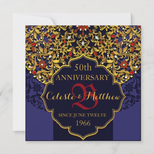 Luxury Blue Red Gold 50th Jubileum Invite Kaart (Voorkant)