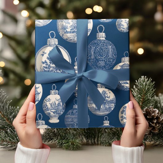 Luxury Blue Toile Christmas Ornament Cadeaupapier