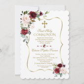 Luxury Blush Burgundy Flowers First Heilige Commun Kaart (Voorkant)