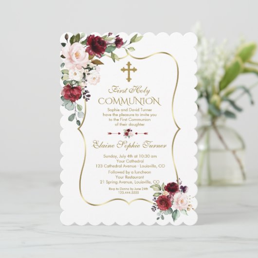 Luxury Blush Burgundy Flowers First Heilige Commun Kaart (Staand voorkant)