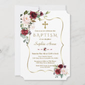Luxury Blush Burgundy Flowers Gold Cross Baptisme Kaart (Voorkant)