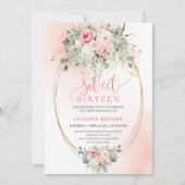 Luxury Blush Floral Gold Sweet 16 Birthday Invite Kaart (Voorkant)