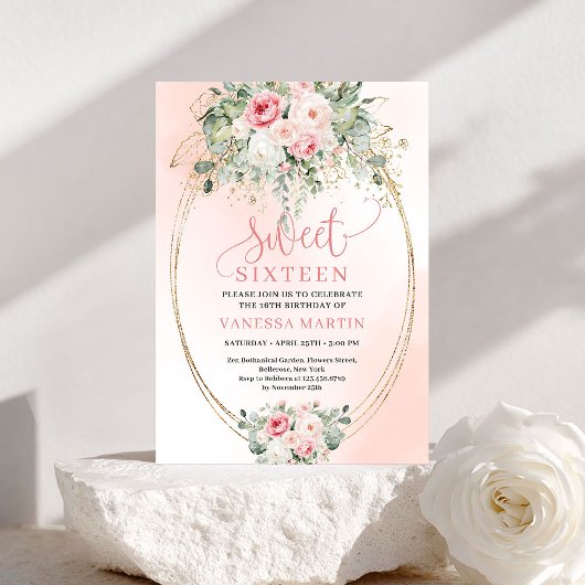 Luxury Blush Floral Gold Sweet 16 Birthday Invite Kaart