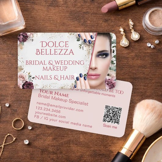Luxury Blush Pink Floral Bridal Makeup Artist Visitekaartje