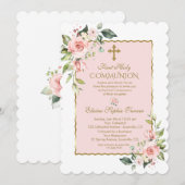 Luxury Blush Pink Floral Gold First Heilige Commun Kaart (Voorkant / Achterkant)