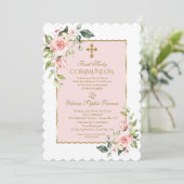 Luxury Blush Pink Floral Gold First Heilige Commun Kaart (Staand voorkant)