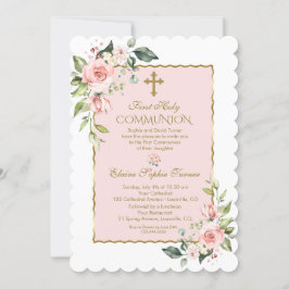 Luxury Blush Pink Floral Gold First Heilige Commun Kaart
