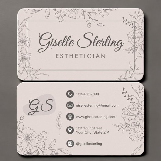 Luxury Blush Pink Floral Script Beauty Esthetician Visitekaartje