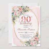 Luxury Blush Pink Gold Floral 90th Birthday Invite Kaart (Voorkant)