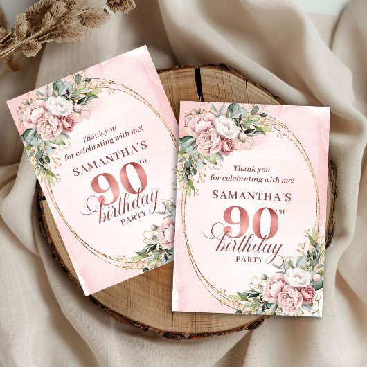 Luxury Blush Pink Gold Floral 90th Birthday Thanks Bedankkaart