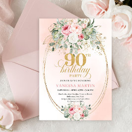 Luxury Blush Rose Gold Boho 90th Birthday Invite Kaart