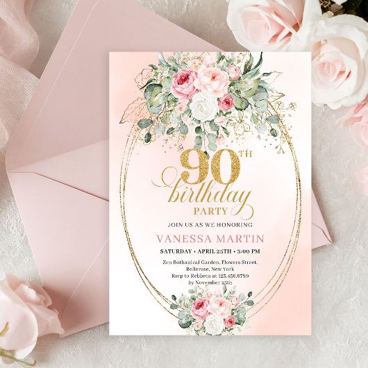 Luxury Blush Rose Gold Boho 90th Birthday Invite Kaart