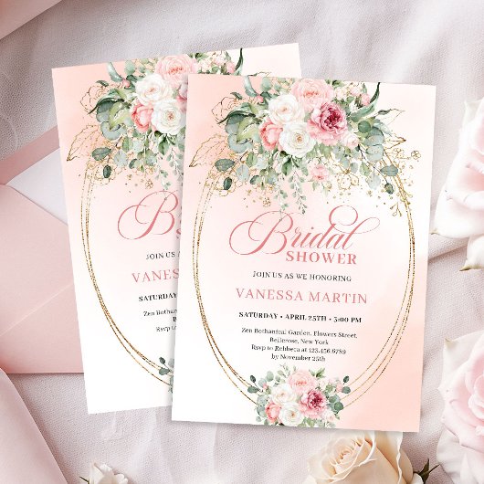 Luxury Blush Roses Bridal Shower Gold Invitation Kaart